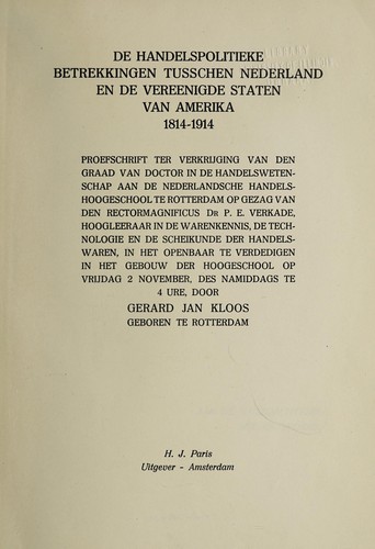 De handelspolitieke betrekkingen tusschen Nederland en de Vereenigde Staten van Amerika, 1814-1914