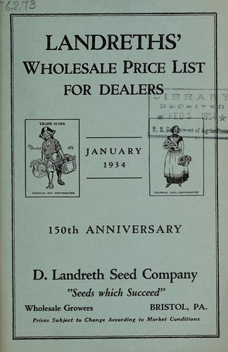 Landreth's wholesale price list for dealers, January 1934, 150th anniversary