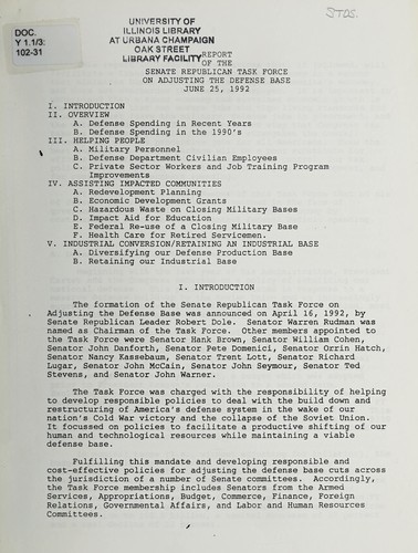 Report of the Senate Republican task force on adjusting the defense base