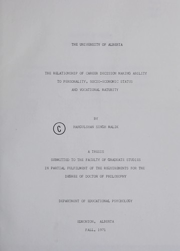 The relationship of career decision making ability to personality, socio-economic status and vocational maturity