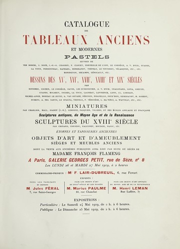 Tableaux anciens et modernes; pastels; oeuvres de Ter Borch, J. Boze, J.B.S. Chardin, F. Clouet, Corneille de Lyon, Le Corrège, A. V. Dyck, Guardi, La Tour, Perronneau, Raphael, Rembrandt, Tiepolo, le Tintoret, Vélasquez, etc., etc
