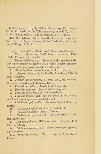 Lichens collected by the United States expedition under Dr. F.V. Hayden to the Yellowstone region