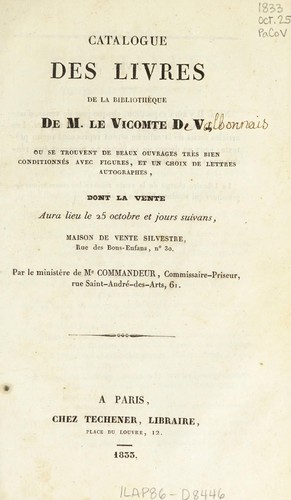 Catalogue de livres de la bibliothèque de M. le vicomte d. V.