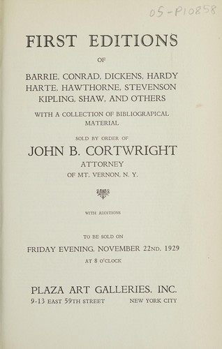 First editions of Barrie, Conrad, Dickens, Hardy, Harte, Hawthorne, Stevenson, Kipling, Shaw, and others with a collection of bibliographical material