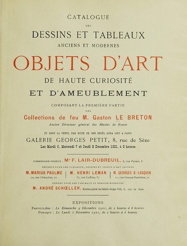 Catalogue des dessins et tableaux anciens et modernes; objets d'art, de haute curiosité et d'ameublement