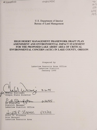 High Desert management framework draft plan amendment and environmental impact statement for the proposed Lake Abert Area of Critical Environmental Concern (ACEC) in Lake County, Oregon