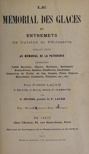 Le mémorial des glaces et entremets de cuisine et pâtisserie