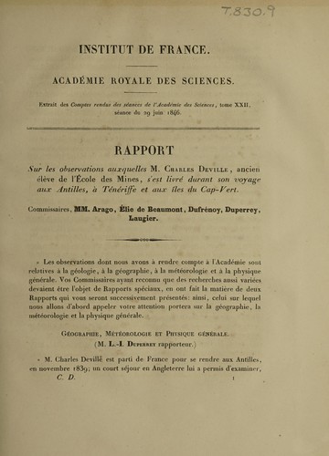 Rapport sur les observations auxquelles M. Charles Deville ... s'est livré durant son voyage aux Antilles, à Ténériffe et aux Îles du Cap-Vert
