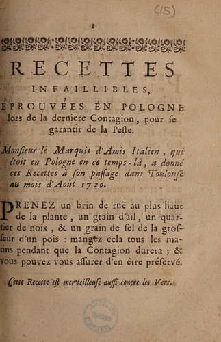 Recettes infaillibles, éprouvées en Pologne lors de la derniere contagione, pour se garantir de la peste