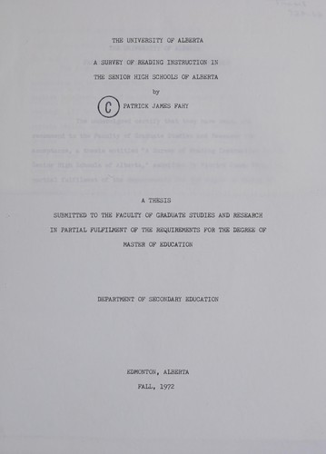 A survey of reading instruction in the senior high schools of Alberta