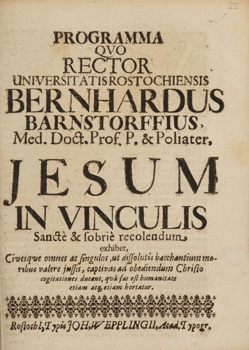 Programma quo ... Jesum in vinculis sancte & sobrie recolendum exhibet