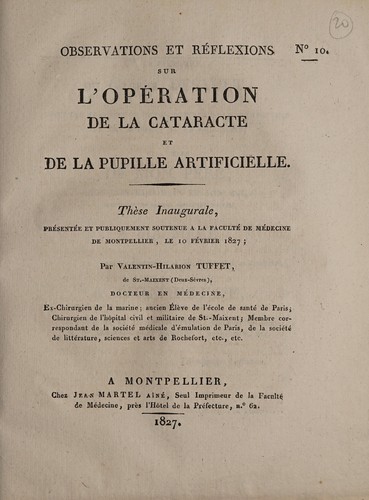 Observations et réflexions sur l'opération de la cataracte et de la pupille artificielle