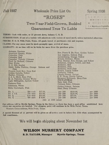 Wholesale price list on "roses", two-year field-grown, budded, guaranteed true to lable : fall 1937 spring 1938