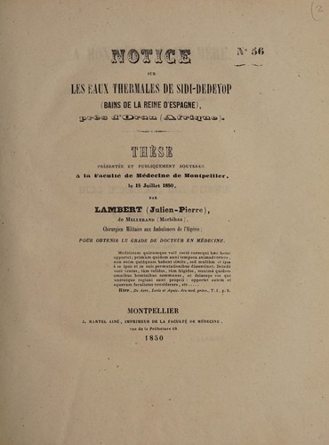 Notice sur les eaux thermales de Sidi-Dedeyop (Bains de la Reine d'Espagne), près d'Oran (Afrique)