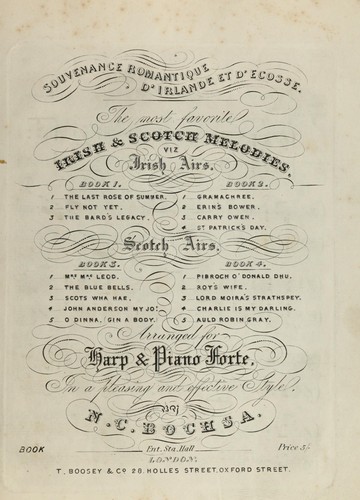 Souvenance romantique d'Irlande et d'Ecosse : The most favorite Irish and Scotch melodies, viz Irish aris, arranged for harp & piano forte in a pleasing and effective style