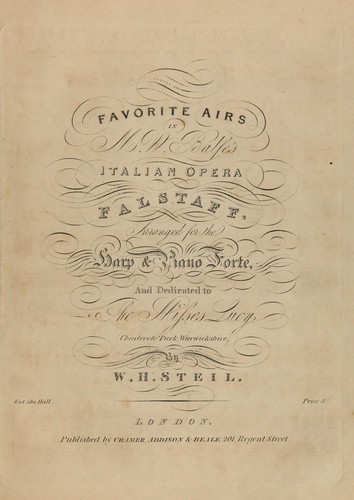 Favorite airs in M. W. Balfe's Italian opera Falstaff, arranged for harpe et pianoforte, and dedicated to the Misses Lucy (Charlecote Park Warwickshire)