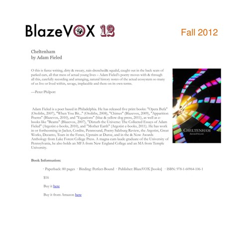 Cheltenham (Blazevox Books Preview pdf '12)