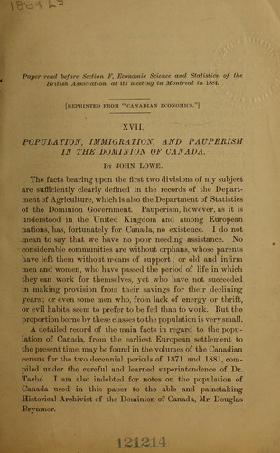 Population immigration, and pauperism in the Dominion of Canada