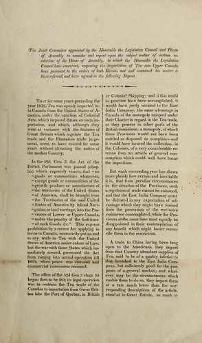 Report of Joint Committee of the Honorable the Legislative Council and House of Assembly Upper Canada