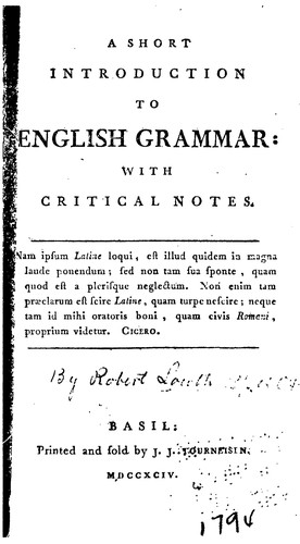 A Short Introduction to English Grammar: With Critical Notes
