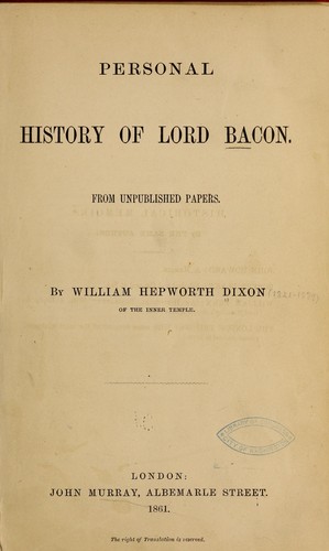 Personal history of Lord Bacon