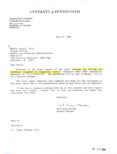 Methods for pricing the technical component of diagnostic tests