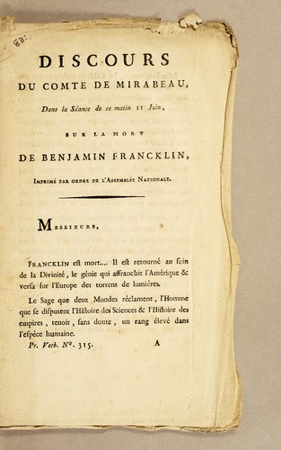 Discours du comte de Mirabeau, dans la séance du 11 juin, sur la mort de Benjamin Francklin ...