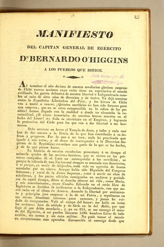 Manifiesto del capitan general de egército Dn. Bernardo O'Higgins a los pueblos que dirige