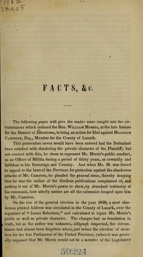Facts and particulars relating to the case of Morris vs. Cameron recently tried at Brockville.
