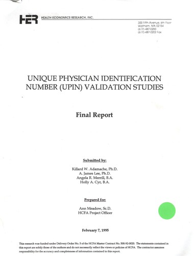 Unique physician identification number (UPIN) validation studies