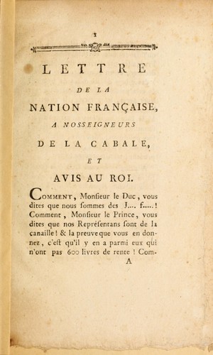 Lettre de la nation française, à nosseigneurs de la cabale, et avis au roi