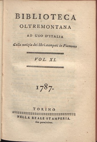 Biblioteca oltremontana ad uso d'Italia : colla notizia dei libri stampati in Piemonte Vol. XI