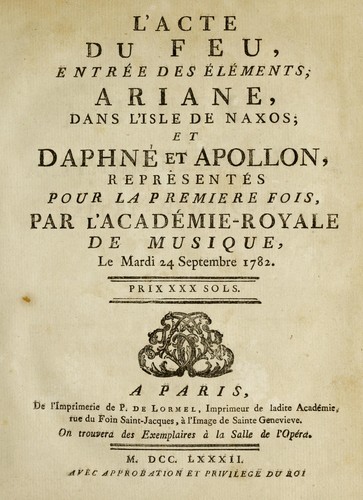 L'acte du feu entree des elements Ariane, dans l'isle de Naxos et Daphne et Apollon