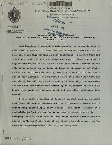 Remarks of Lt. Gov. Cellucci before the Women's Legislative Caucus on domestic violence, March 2, 1992