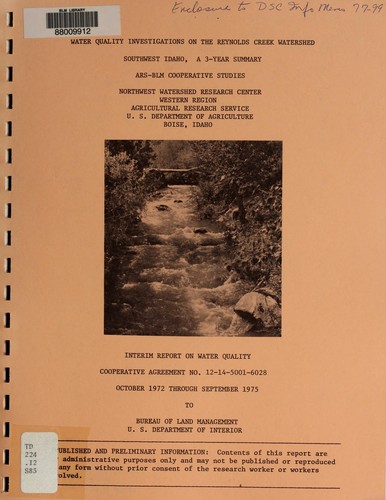Water quality investigations on the Reynolds Creek watershed, southwest Idaho