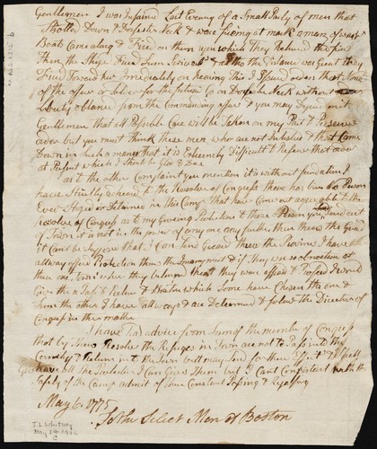 Letter to Boston Selectmen, promising that his troops will not provoke bombardment of Boston