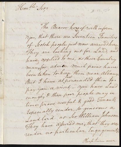 Letter to Sir William Johnson, sending 17 families fleeing discontent in Scotland