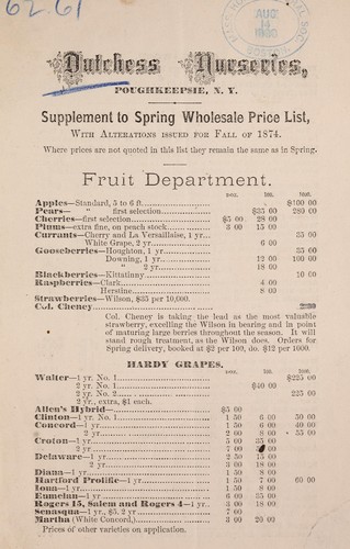 Supplement to spring wholesale price list, with alterations issued for fall of 1874