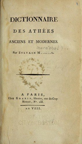 Dictionnaire des athe es anciens et modernes