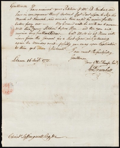 Letter to Christopher Leffingwell about delay of Captain Daniel Lyon's march at Norwich