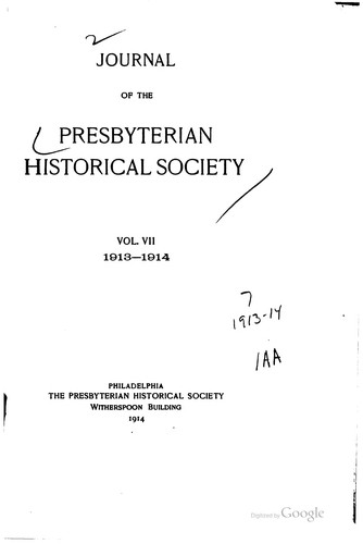 Journal of the Department of History (The Presbyterian Historical Society) of the Presbyterian Church in the U.S.A.