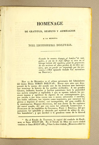 Homenage de gratitud, respeto y admiracion a la memoria del inmortal Bolivar