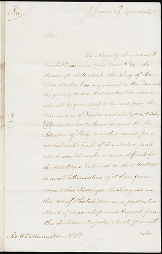 Letter to Sir William Hamilton about Neapolitan trade to colonies