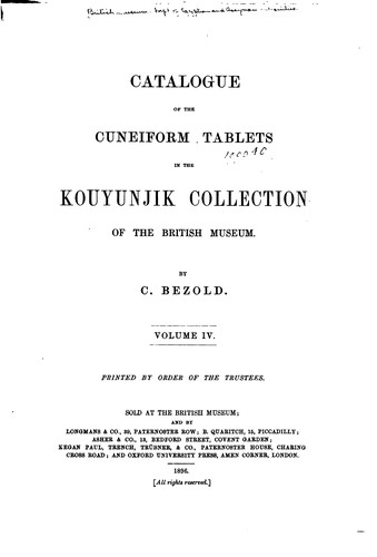 Catalogue of the Cuneiform Tablets in the Kouyunjik Collection of the ...
