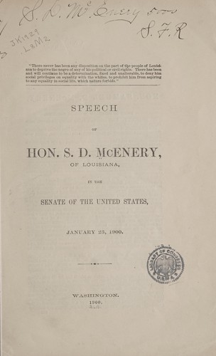 Speech of Hon. S.D. McEnery, of Louisiana, in the Senate of the United States, January 23, 1900.