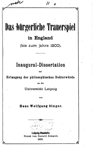 Das bürgerliche Trauerspiel in England(bis zum Jahre 1800).