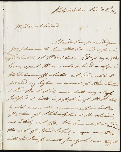 Letter to my dearest friend about arrival in Philadelphia, Burgoyne's surrender, and rebel forts on Delaware