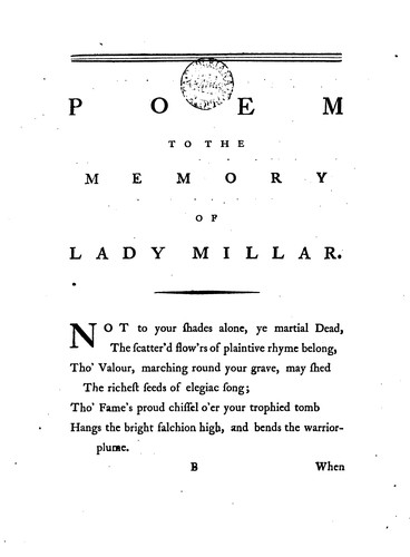Poem to the Memory of Lady Miller. By Miss Seward, ...