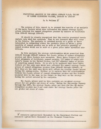 Statistical analysis of the annual average f.o.b. prices of canned clingstone peaches, 1924-25 to 1936-37