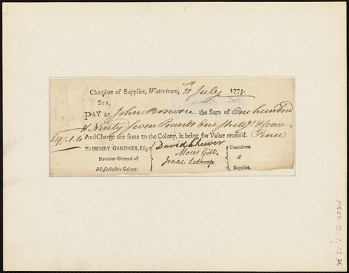 Order to Henry Gardner, Esq., to pay sum to John Browne and charge the same to the colony